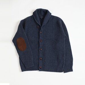 Men's Lands' End 100% Lambswool Shawl Collar Cardigan Elbow Patch Blue Size L
